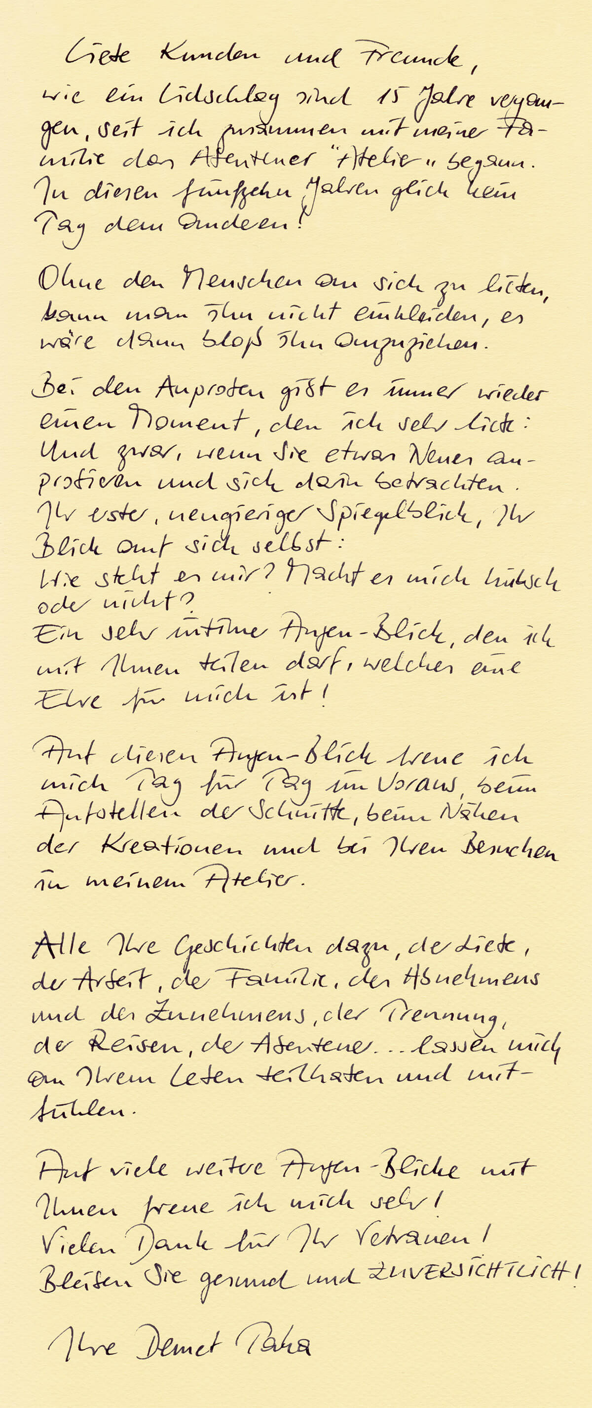 TahaMode - Brief 15 Jahre Atelier
